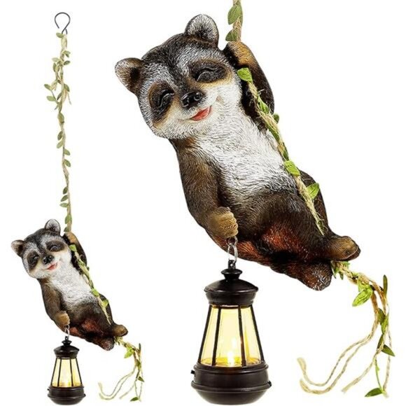 1 Pack Solar Light Statues, 6.5"H Resin Raccoon Climbing On A 23.6"L Vine - Picture 8 of 8